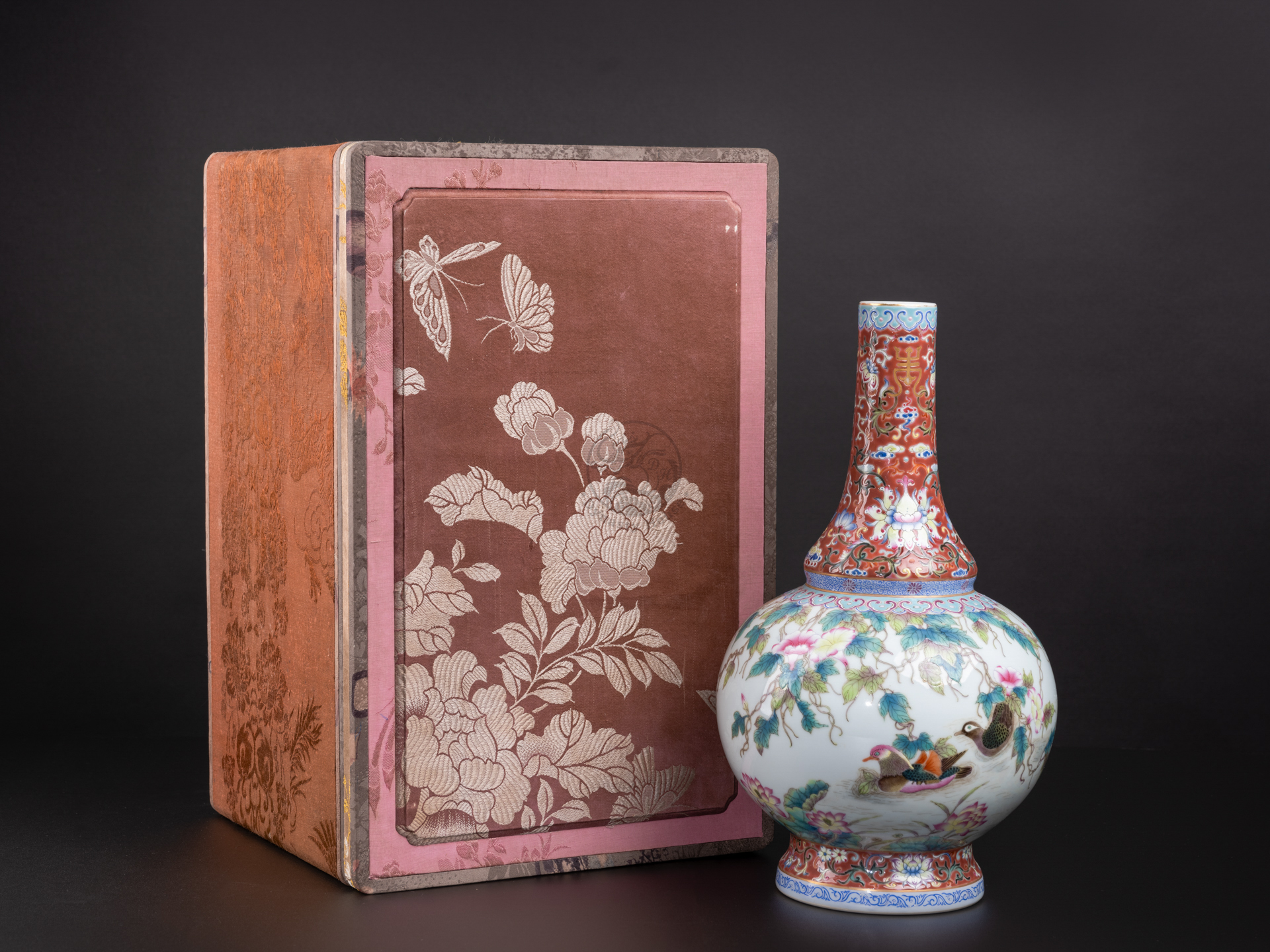 Lot1021 A Rare Famille-Rose Ruby Red-Glazed Flower and Bird Pattern with poem Vase Qing Dynasty,Qianlong Six-character & Period(1735-1796)