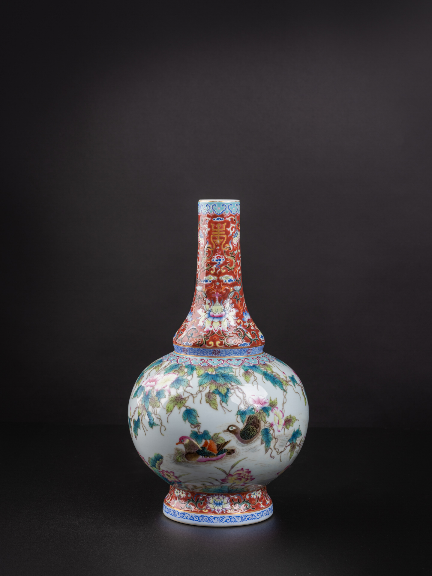 Lot1021 A Rare Famille-Rose Ruby Red-Glazed Flower and Bird Pattern with poem Vase Qing Dynasty,Qianlong Six-character & Period(1735-1796)