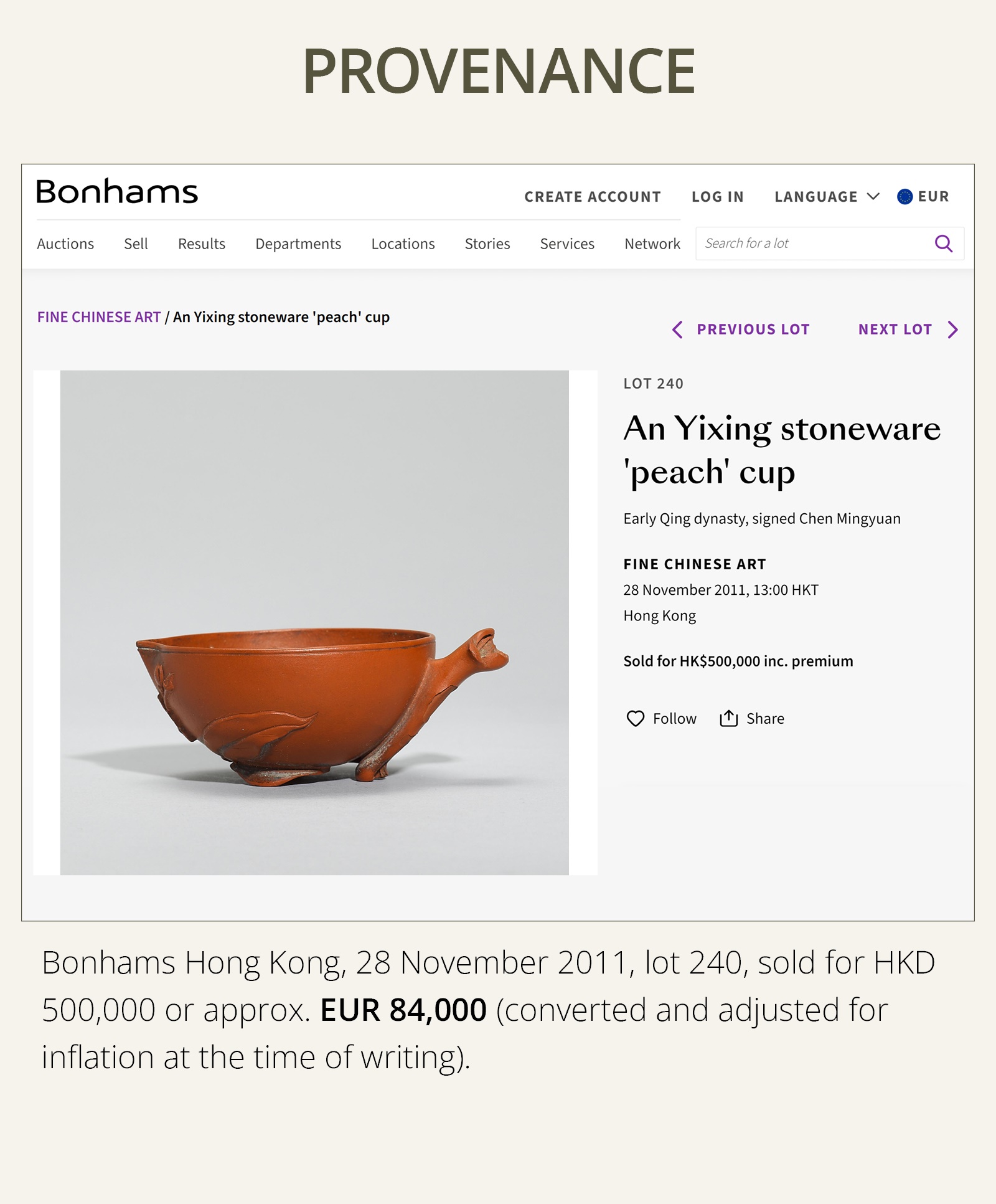 Lot3010 A YIXING STONEWARE ‘PEACH’ CUP, SIGNED CHEN MINGYUAN, EARLY QING DYNASTY 2011Bonhams HongKong 출품작