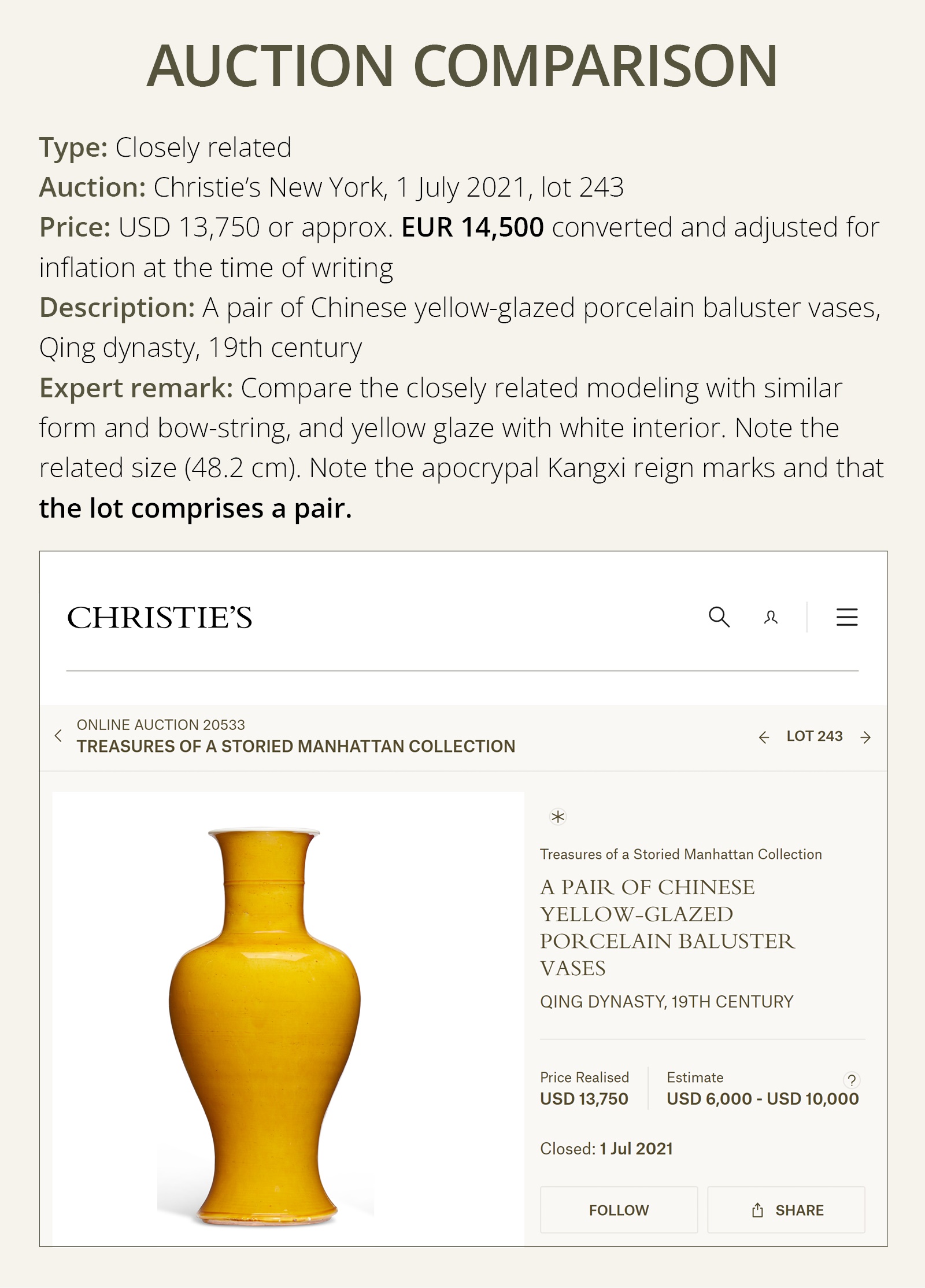 Lot1052 A LEMON-YELLOW GLAZED BALUSTER VASE, QING DYNASTY(1780-1860)