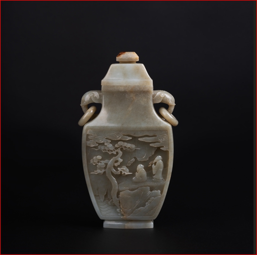 Lot2023 A bottle with Hotan Jade seed, landscape, figure image, nose and ear cap (20th Century)