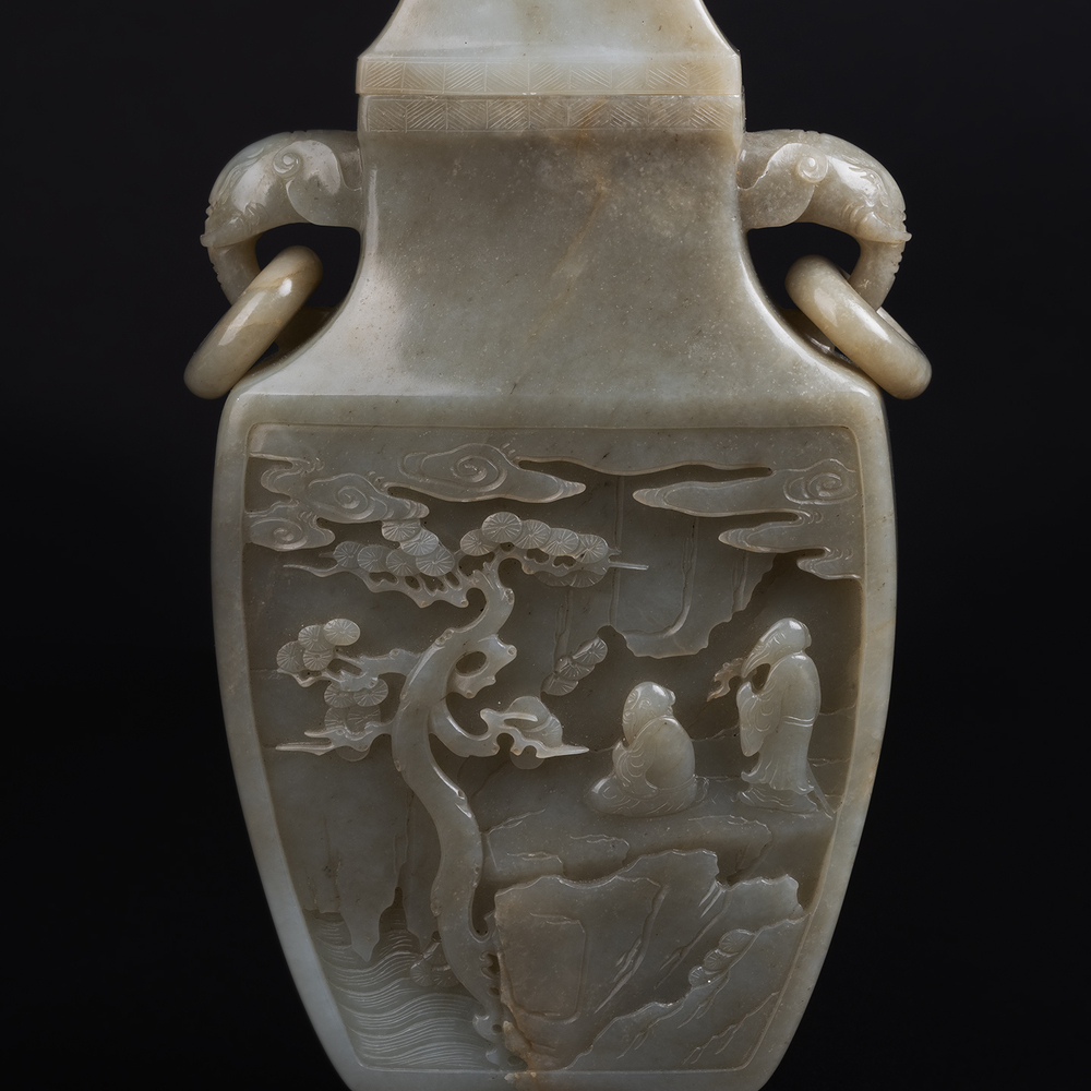 Lot2023 A bottle with Hotan Jade seed, landscape, figure image, nose and ear cap (20th Century)