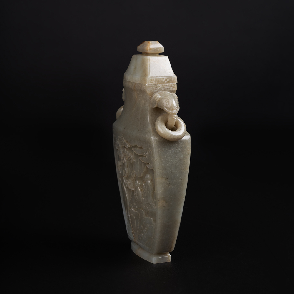 Lot2023 A bottle with Hotan Jade seed, landscape, figure image, nose and ear cap (20th Century)