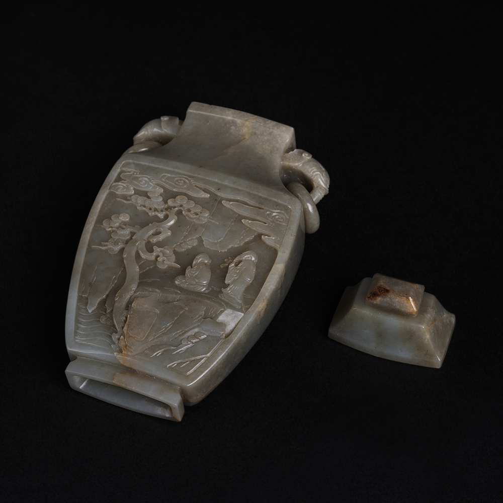 Lot2023 A bottle with Hotan Jade seed, landscape, figure image, nose and ear cap (20th Century)